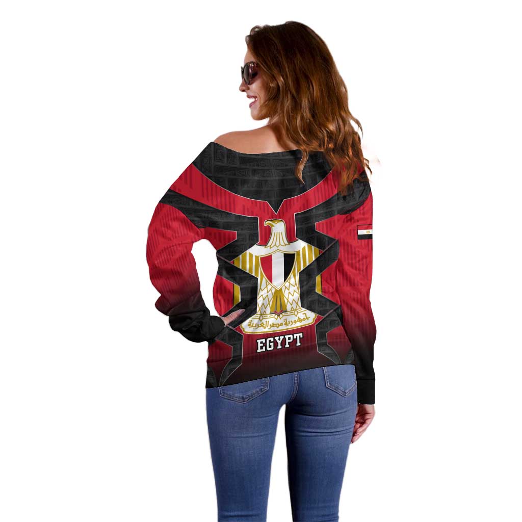 Egypt Flag Emblem Off Shoulder Sweater with Red Black Bold Spirit