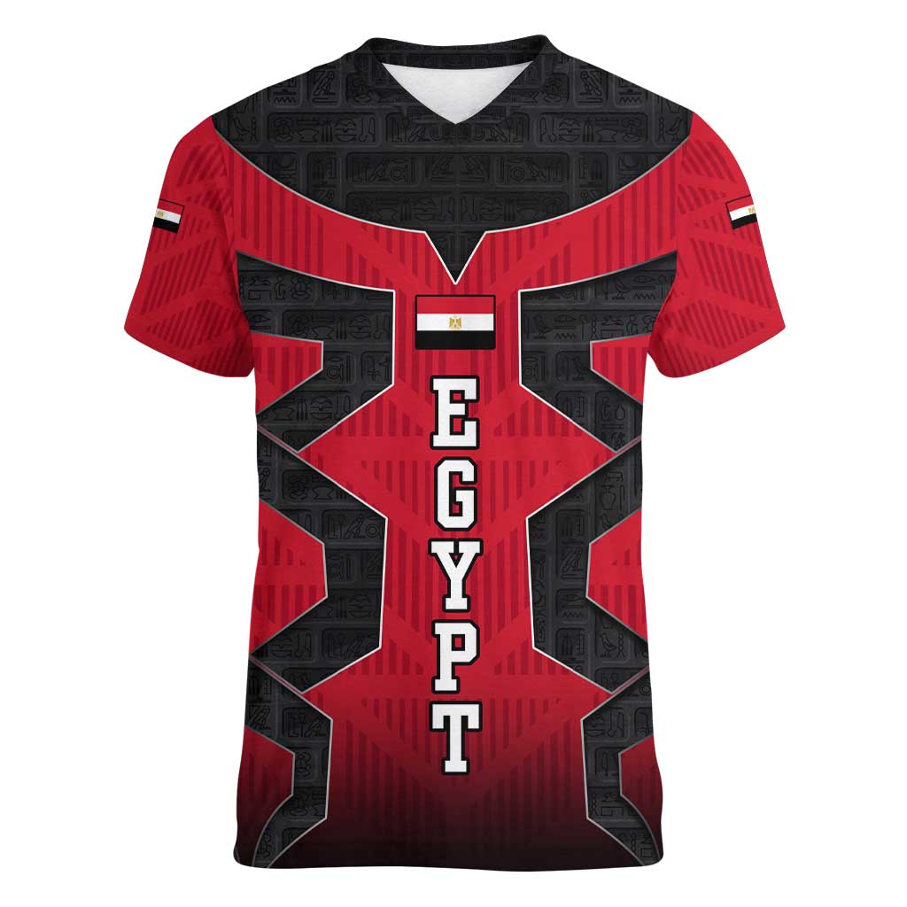 Egypt Flag Emblem Women V-Neck T-Shirt with Red Black Bold Spirit