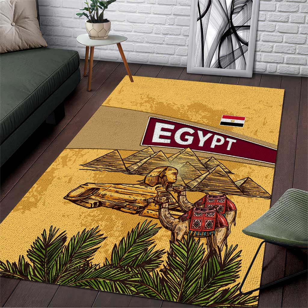 Egyptian Pyramids and Anubis Area Rug with Camel Caravan Desert