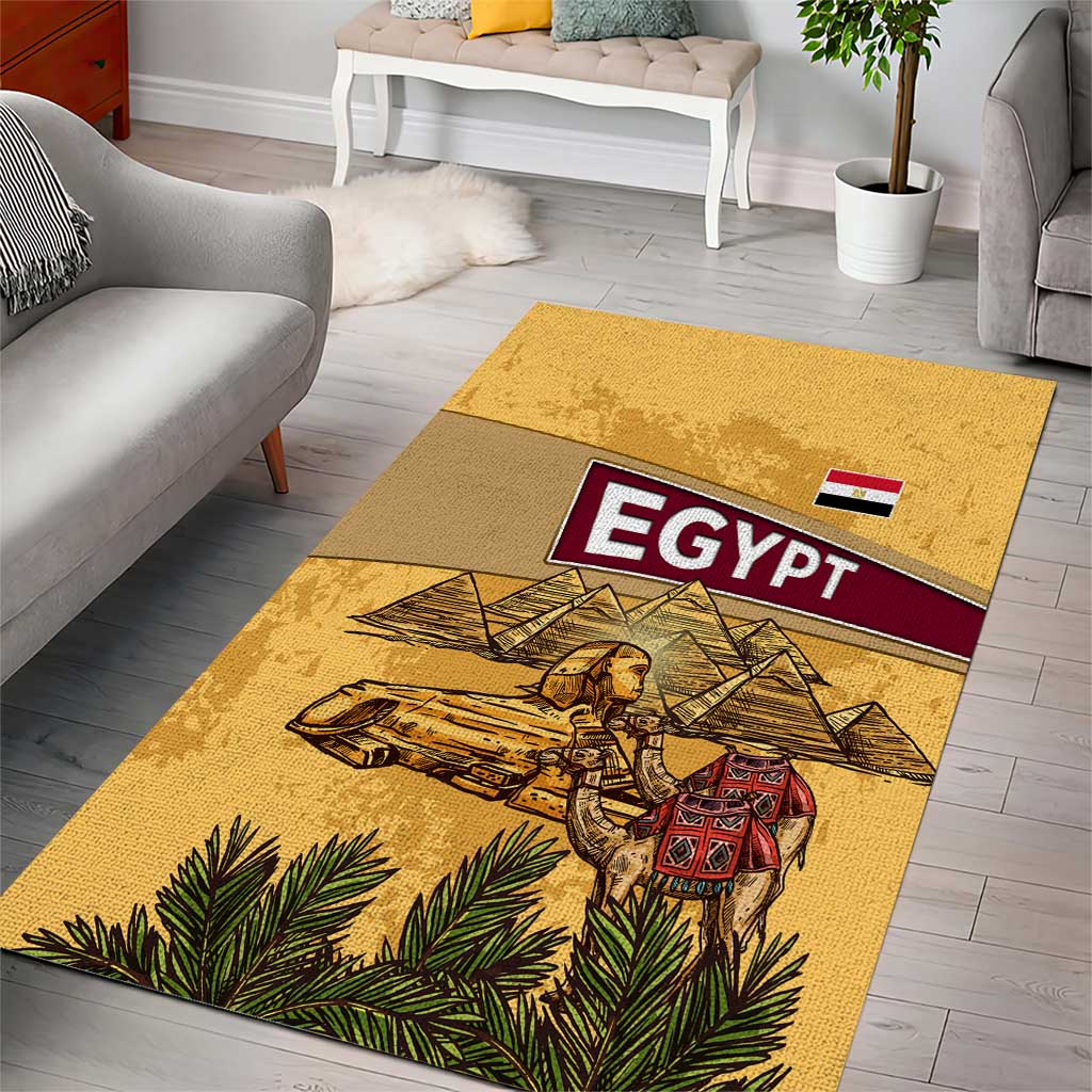 Egyptian Pyramids and Anubis Area Rug with Camel Caravan Desert
