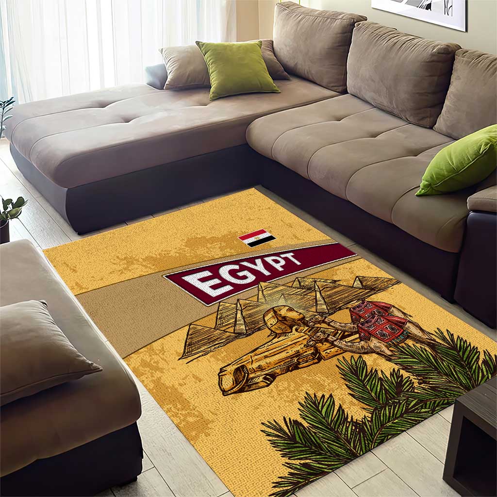 Egyptian Pyramids and Anubis Area Rug with Camel Caravan Desert