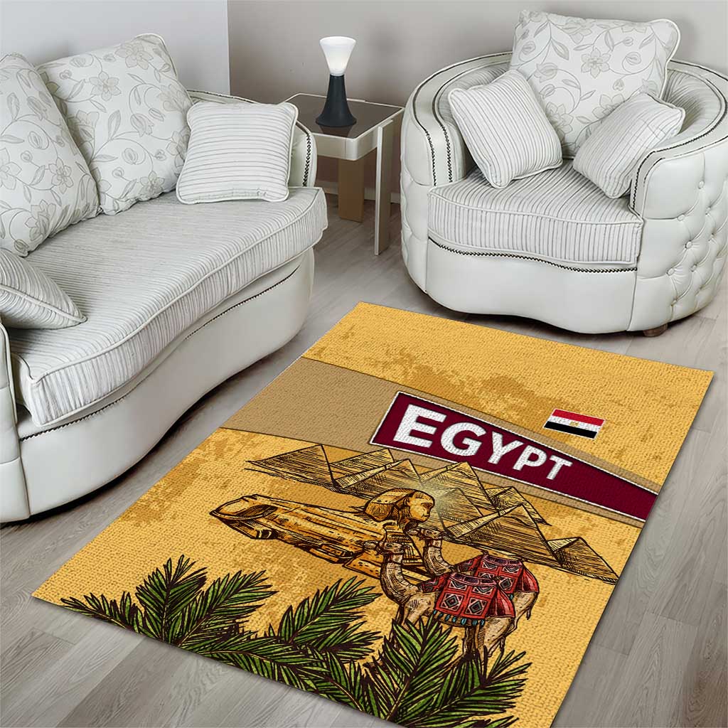 Egyptian Pyramids and Anubis Area Rug with Camel Caravan Desert