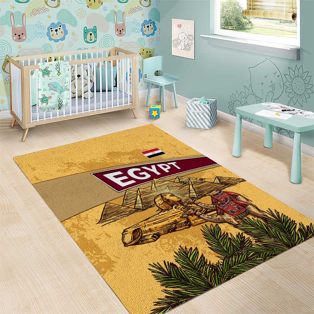 Egyptian Pyramids and Anubis Area Rug with Camel Caravan Desert