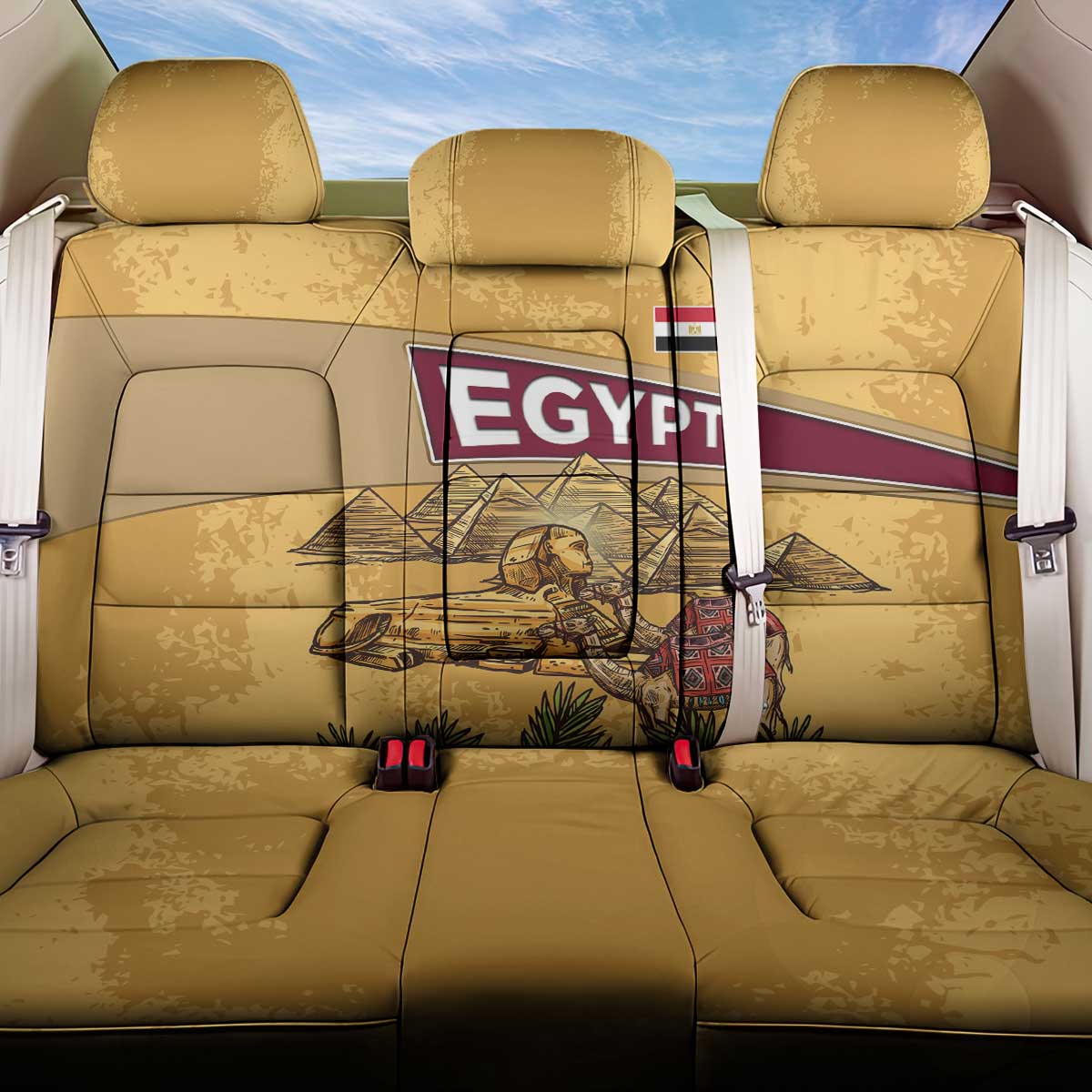 Egyptian Pyramids and Anubis Back Car Seat Cover with Camel Caravan Desert