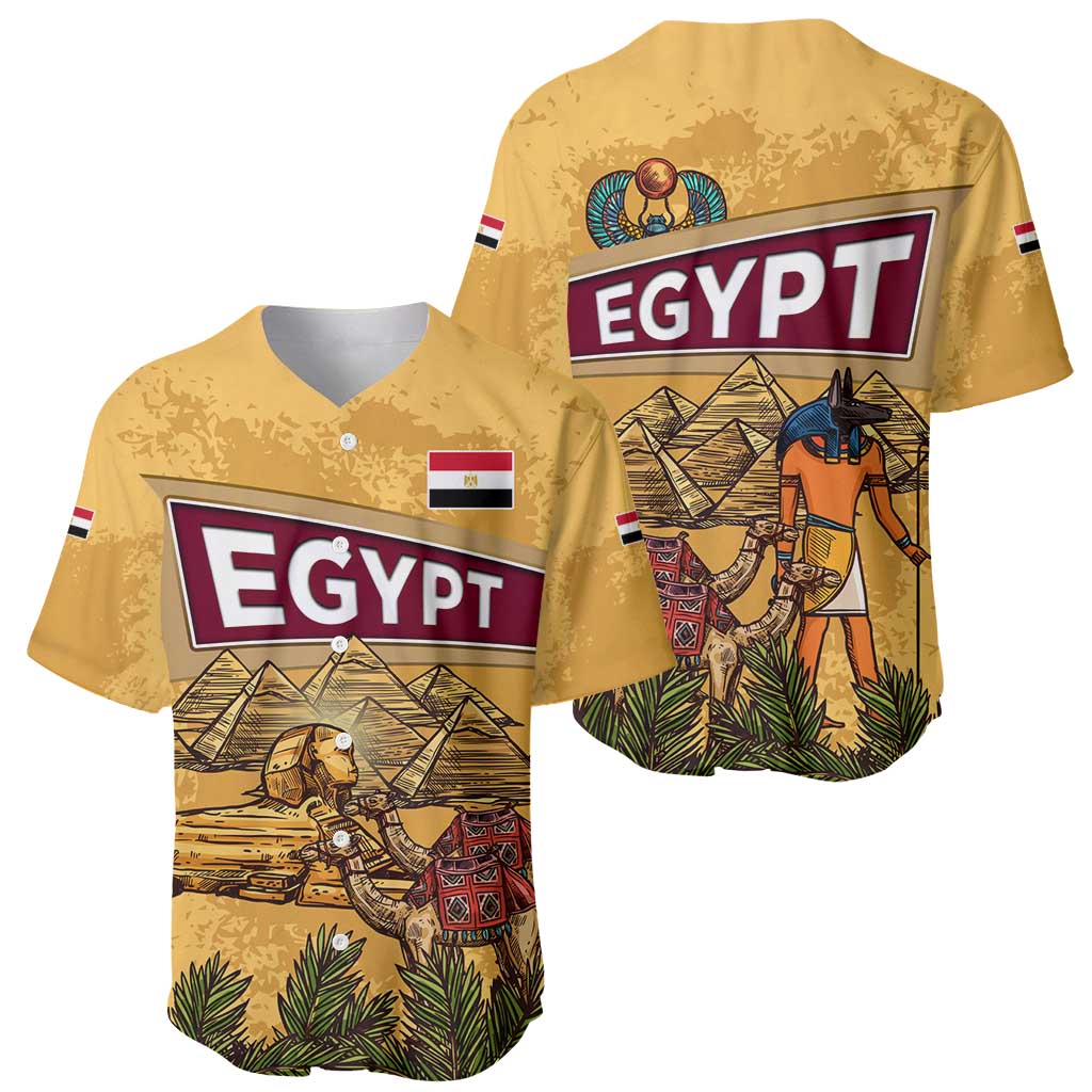Egyptian Pyramids and Anubis Baseball Jersey with Camel Caravan Desert