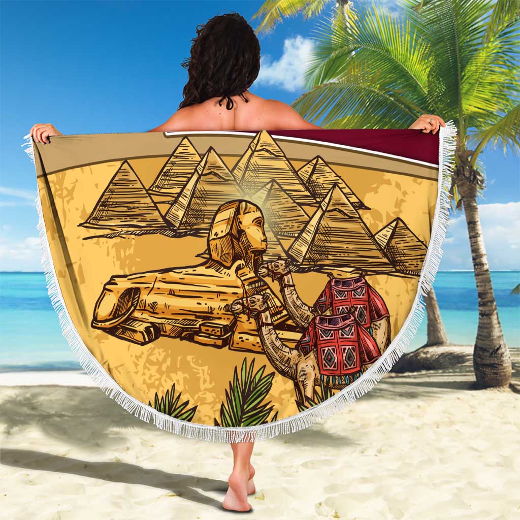 Egyptian Pyramids and Anubis Beach Blanket with Camel Caravan Desert