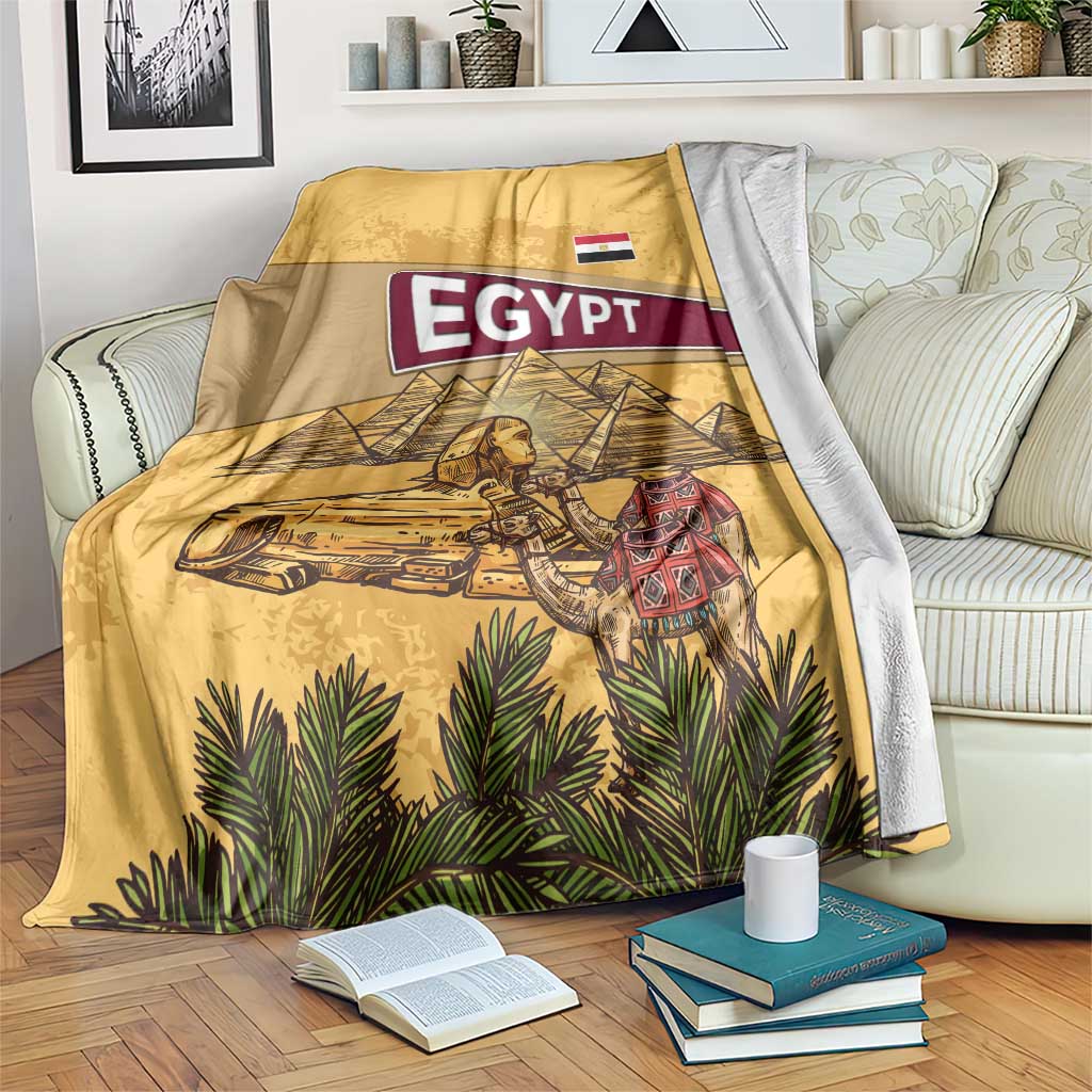 Egyptian Pyramids and Anubis Blanket with Camel Caravan Desert