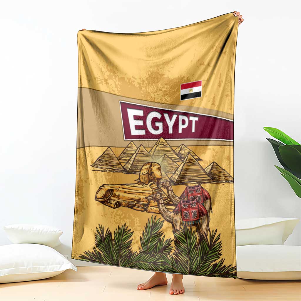 Egyptian Pyramids and Anubis Blanket with Camel Caravan Desert