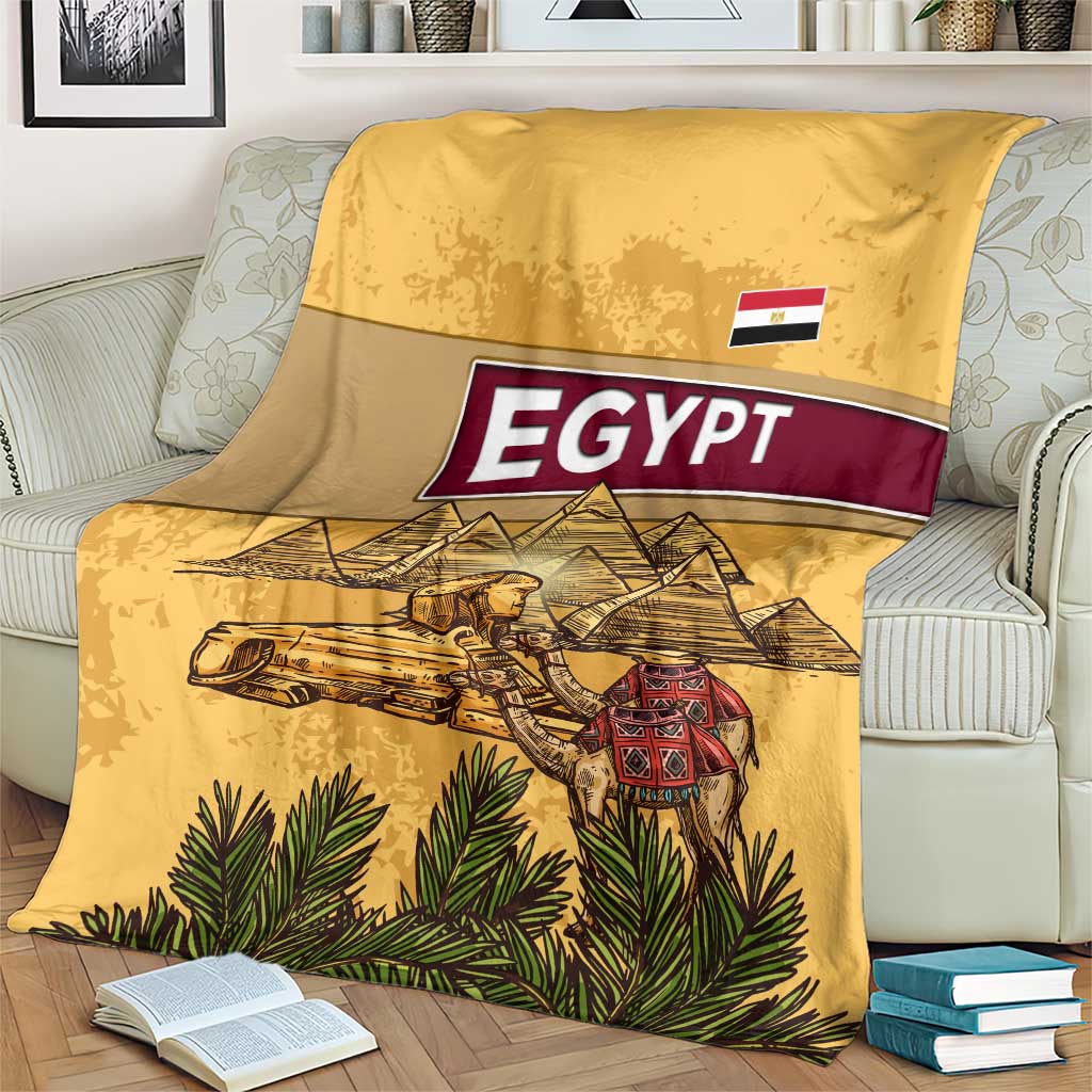 Egyptian Pyramids and Anubis Blanket with Camel Caravan Desert