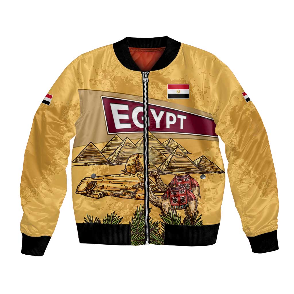 Egyptian Pyramids and Anubis Bomber Jacket with Camel Caravan Desert