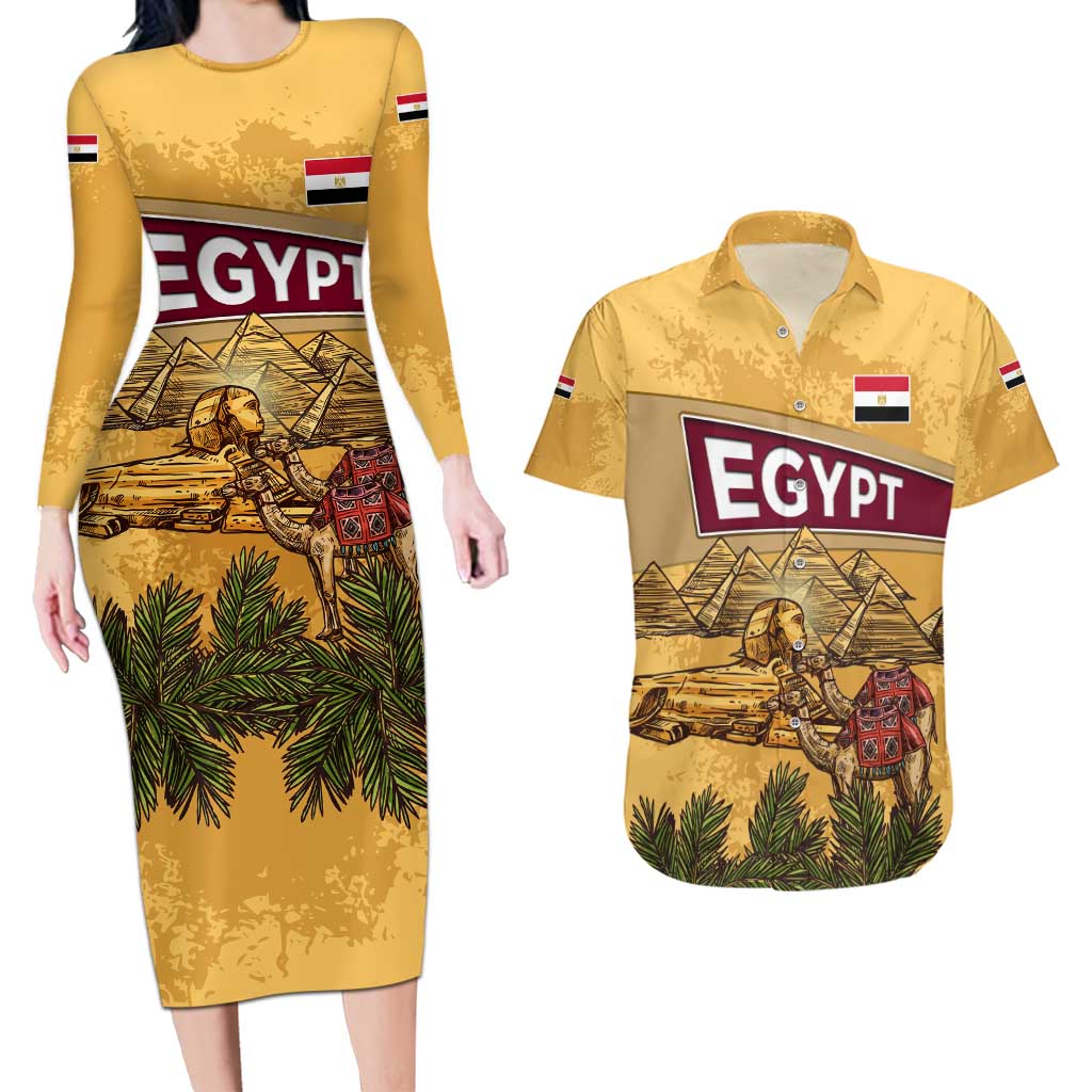 Egyptian Pyramids and Anubis Couples Matching Long Sleeve Bodycon Dress and Hawaiian Shirt with Camel Caravan Desert