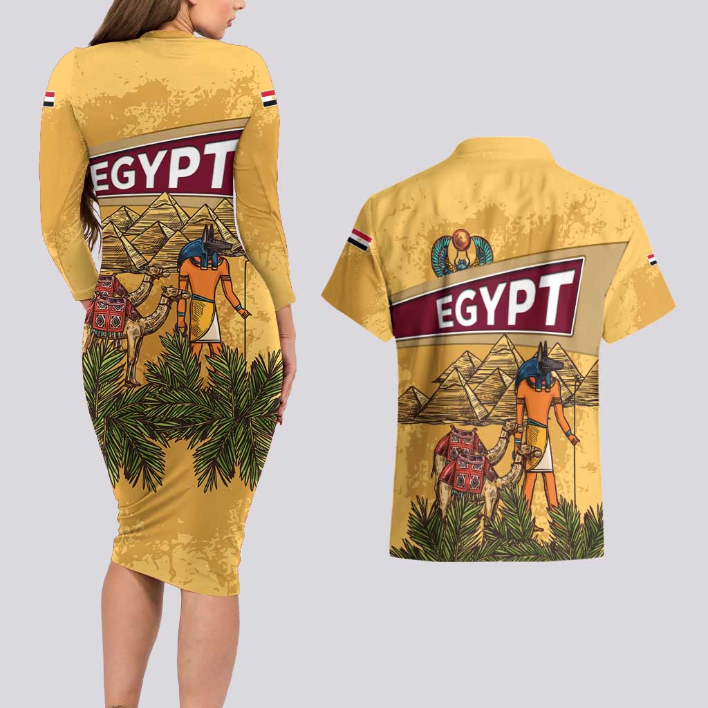 Egyptian Pyramids and Anubis Couples Matching Long Sleeve Bodycon Dress and Hawaiian Shirt with Camel Caravan Desert