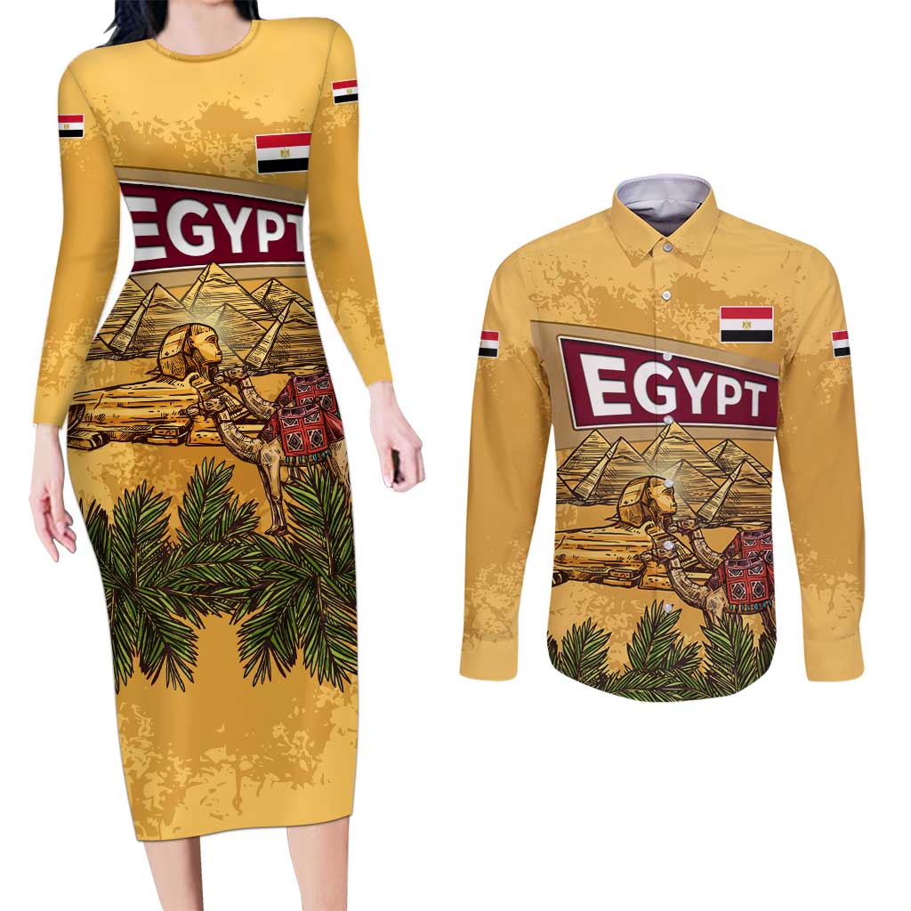 Egyptian Pyramids and Anubis Couples Matching Long Sleeve Bodycon Dress and Long Sleeve Button Shirt with Camel Caravan Desert