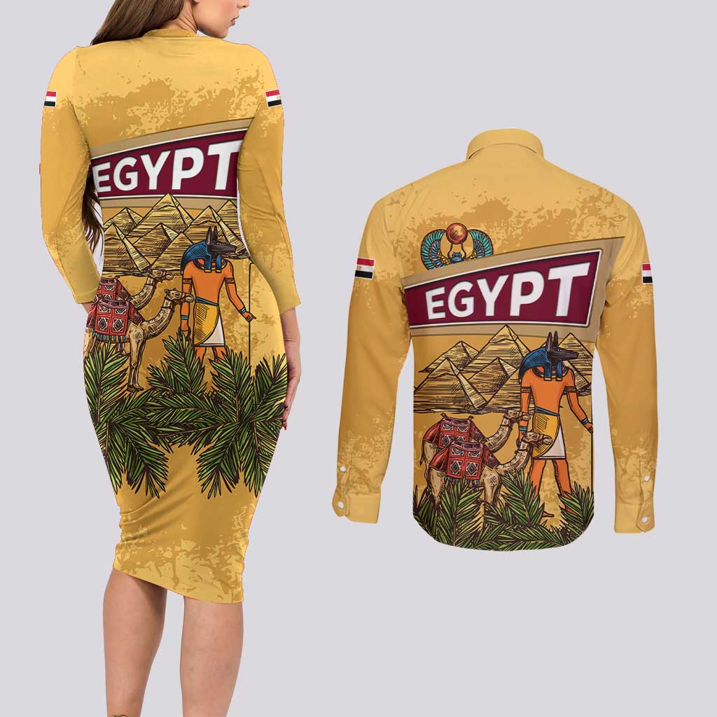 Egyptian Pyramids and Anubis Couples Matching Long Sleeve Bodycon Dress and Long Sleeve Button Shirt with Camel Caravan Desert