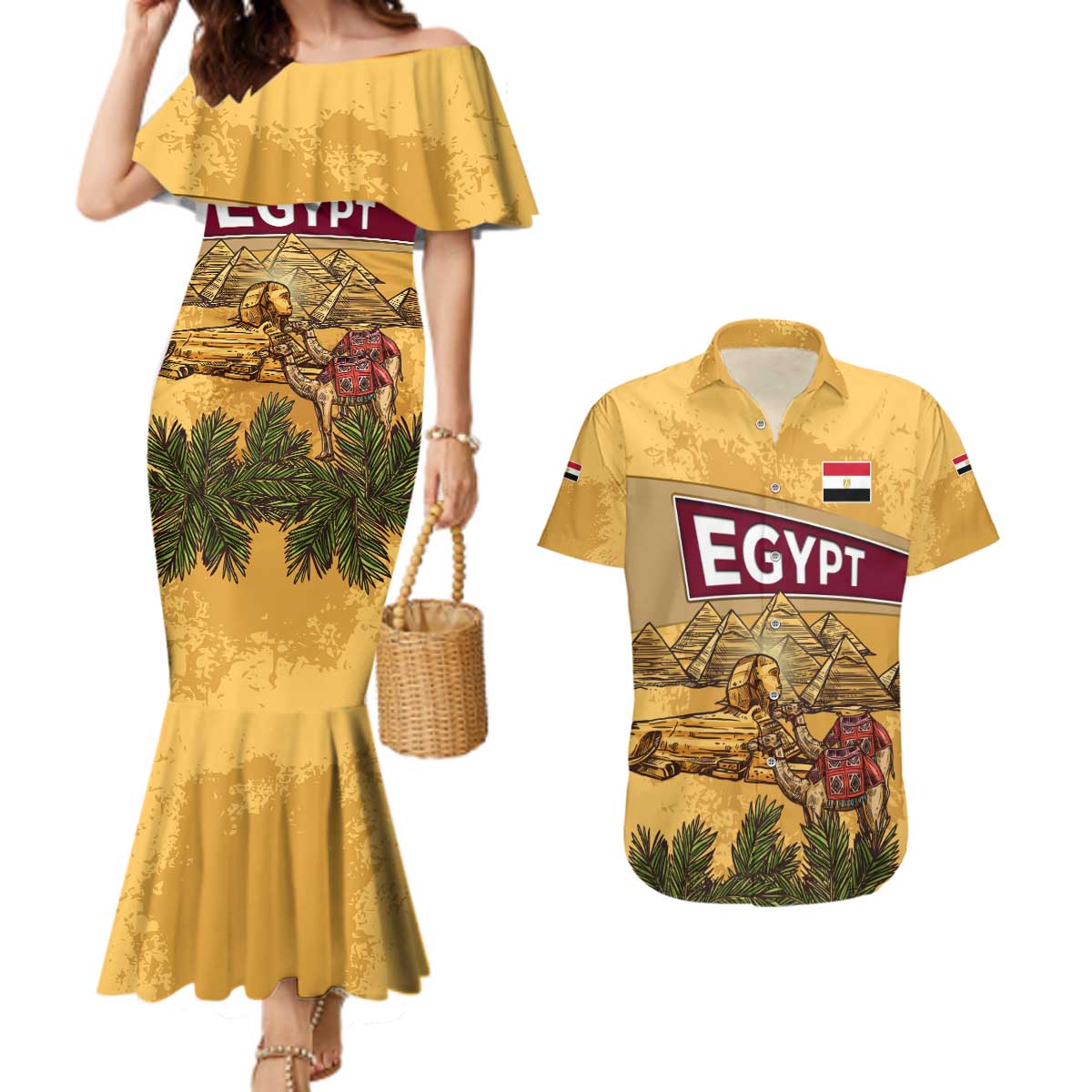 Egyptian Pyramids and Anubis Couples Matching Mermaid Dress and Hawaiian Shirt with Camel Caravan Desert