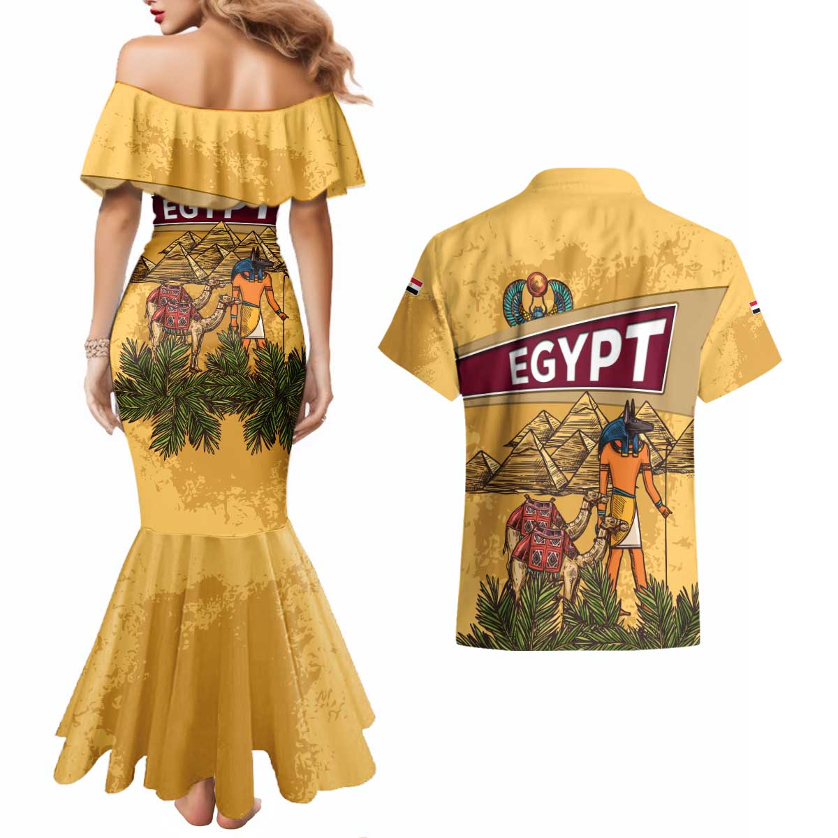 Egyptian Pyramids and Anubis Couples Matching Mermaid Dress and Hawaiian Shirt with Camel Caravan Desert