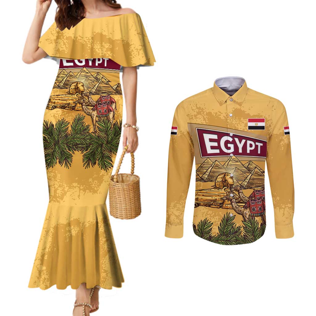 Egyptian Pyramids and Anubis Couples Matching Mermaid Dress and Long Sleeve Button Shirt with Camel Caravan Desert