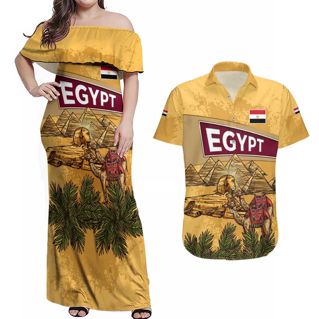 Egyptian Pyramids and Anubis Couples Matching Off Shoulder Maxi Dress and Hawaiian Shirt with Camel Caravan Desert