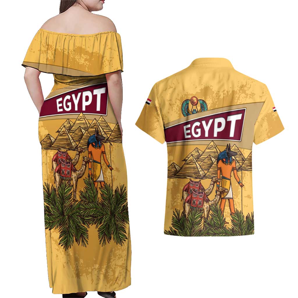 Egyptian Pyramids and Anubis Couples Matching Off Shoulder Maxi Dress and Hawaiian Shirt with Camel Caravan Desert