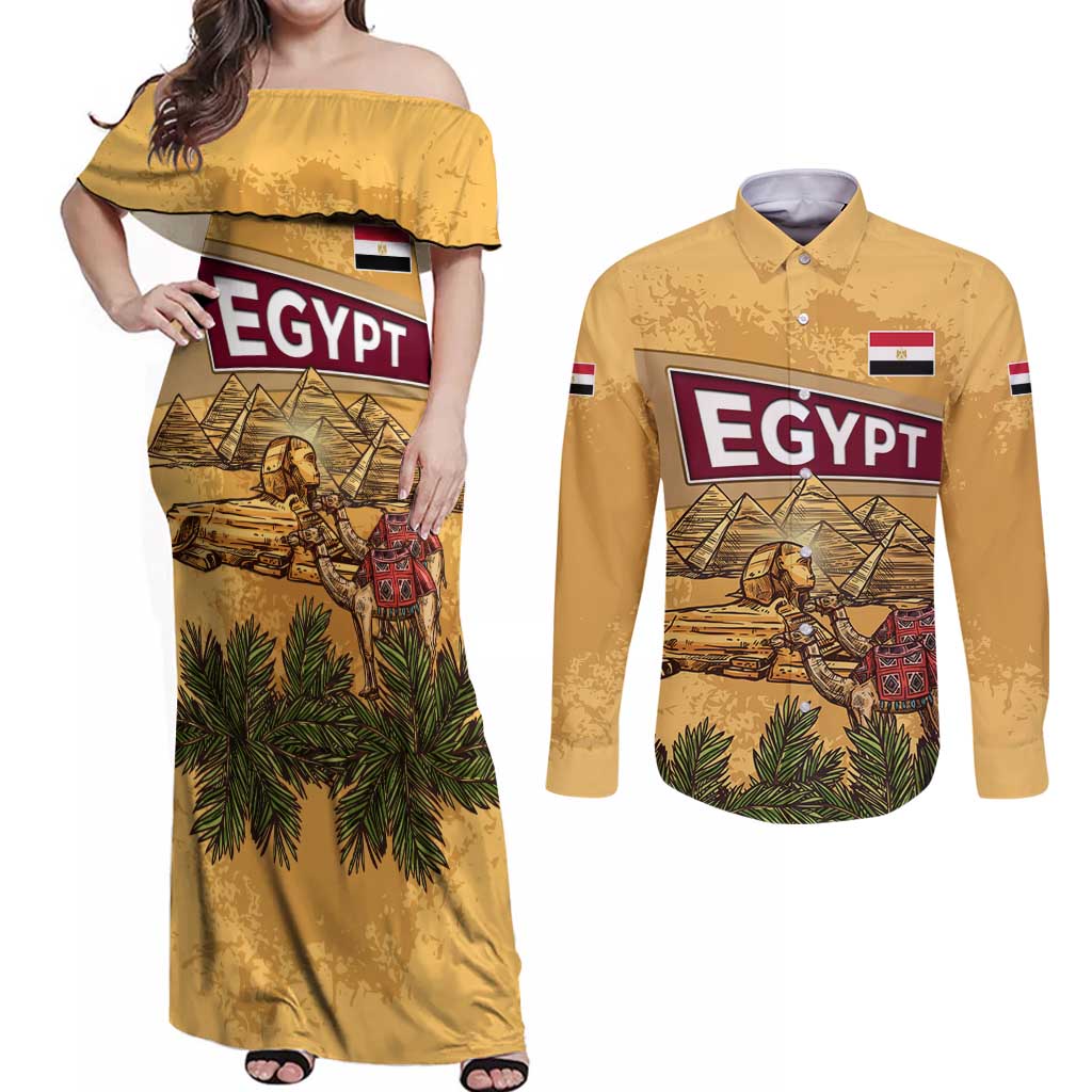 Egyptian Pyramids and Anubis Couples Matching Off Shoulder Maxi Dress and Long Sleeve Button Shirt with Camel Caravan Desert