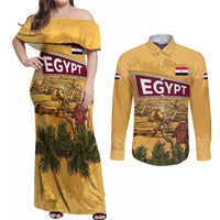 Egyptian Pyramids and Anubis Couples Matching Off Shoulder Maxi Dress and Long Sleeve Button Shirt with Camel Caravan Desert