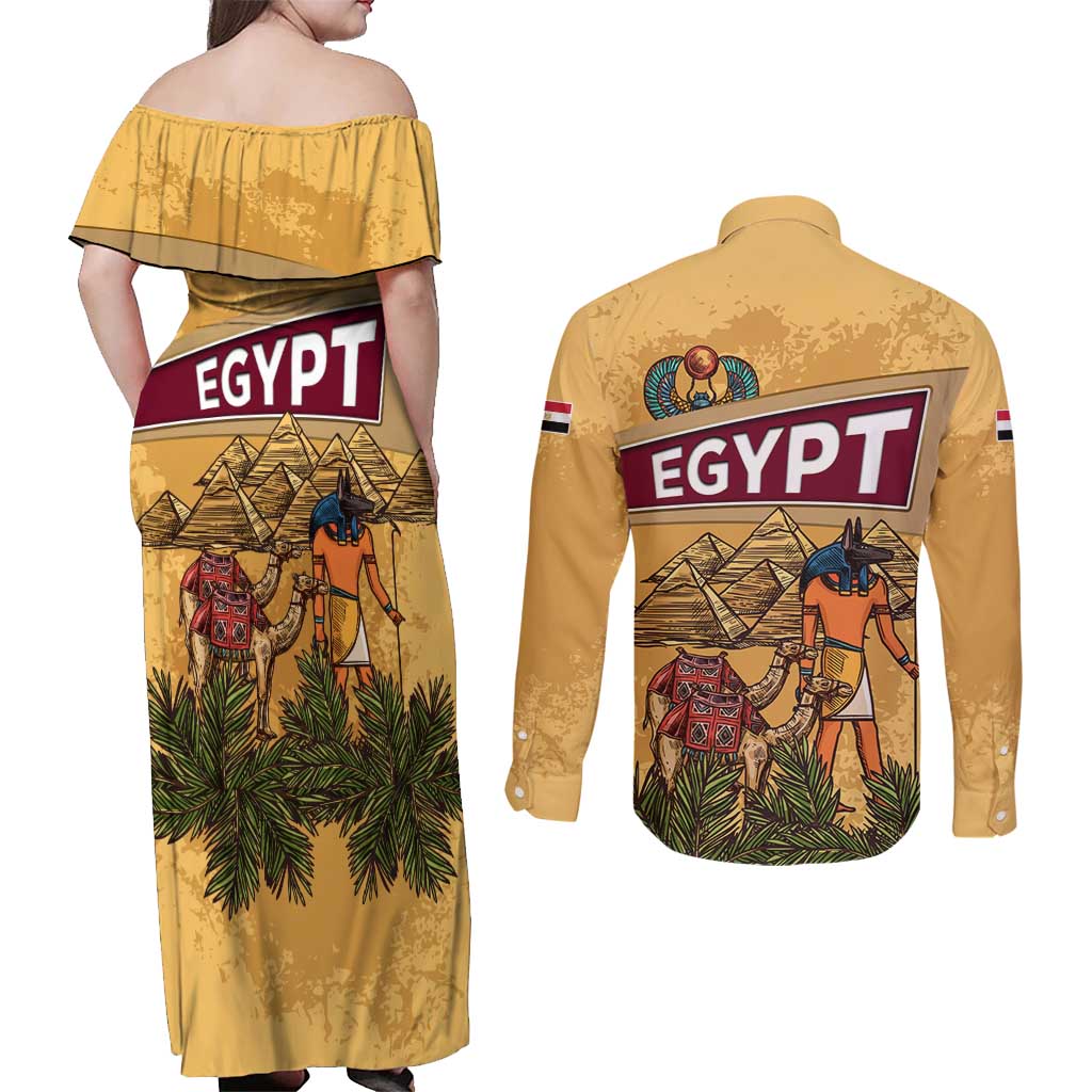 Egyptian Pyramids and Anubis Couples Matching Off Shoulder Maxi Dress and Long Sleeve Button Shirt with Camel Caravan Desert