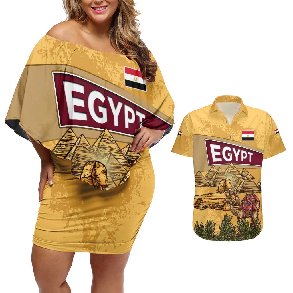 Egyptian Pyramids and Anubis Couples Matching Off Shoulder Short Dress and Hawaiian Shirt with Camel Caravan Desert