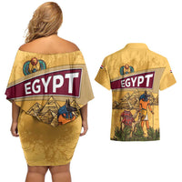 Egyptian Pyramids and Anubis Couples Matching Off Shoulder Short Dress and Hawaiian Shirt with Camel Caravan Desert