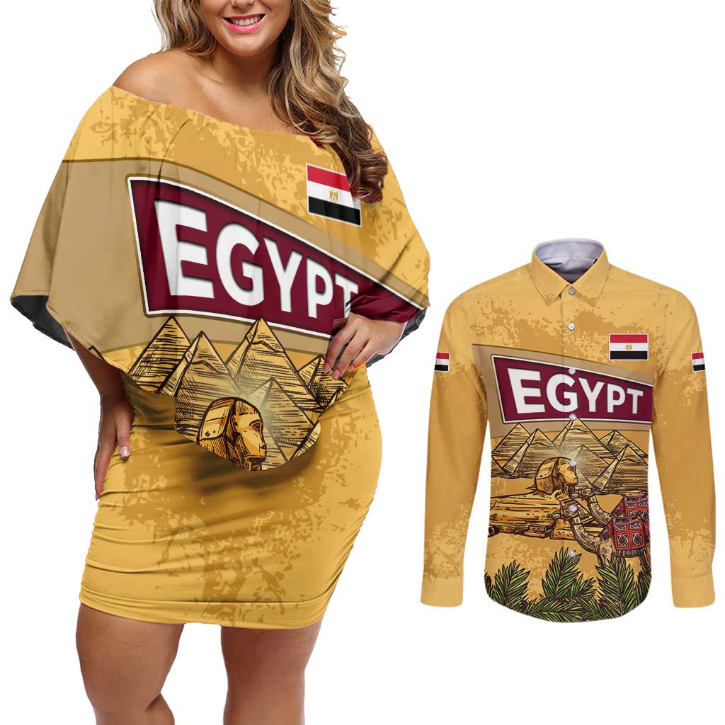 Egyptian Pyramids and Anubis Couples Matching Off Shoulder Short Dress and Long Sleeve Button Shirt with Camel Caravan Desert