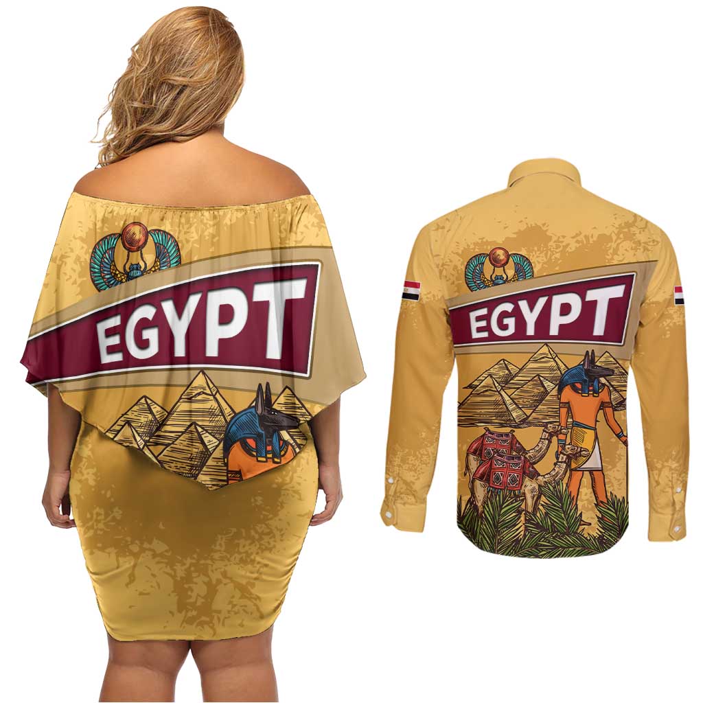 Egyptian Pyramids and Anubis Couples Matching Off Shoulder Short Dress and Long Sleeve Button Shirt with Camel Caravan Desert