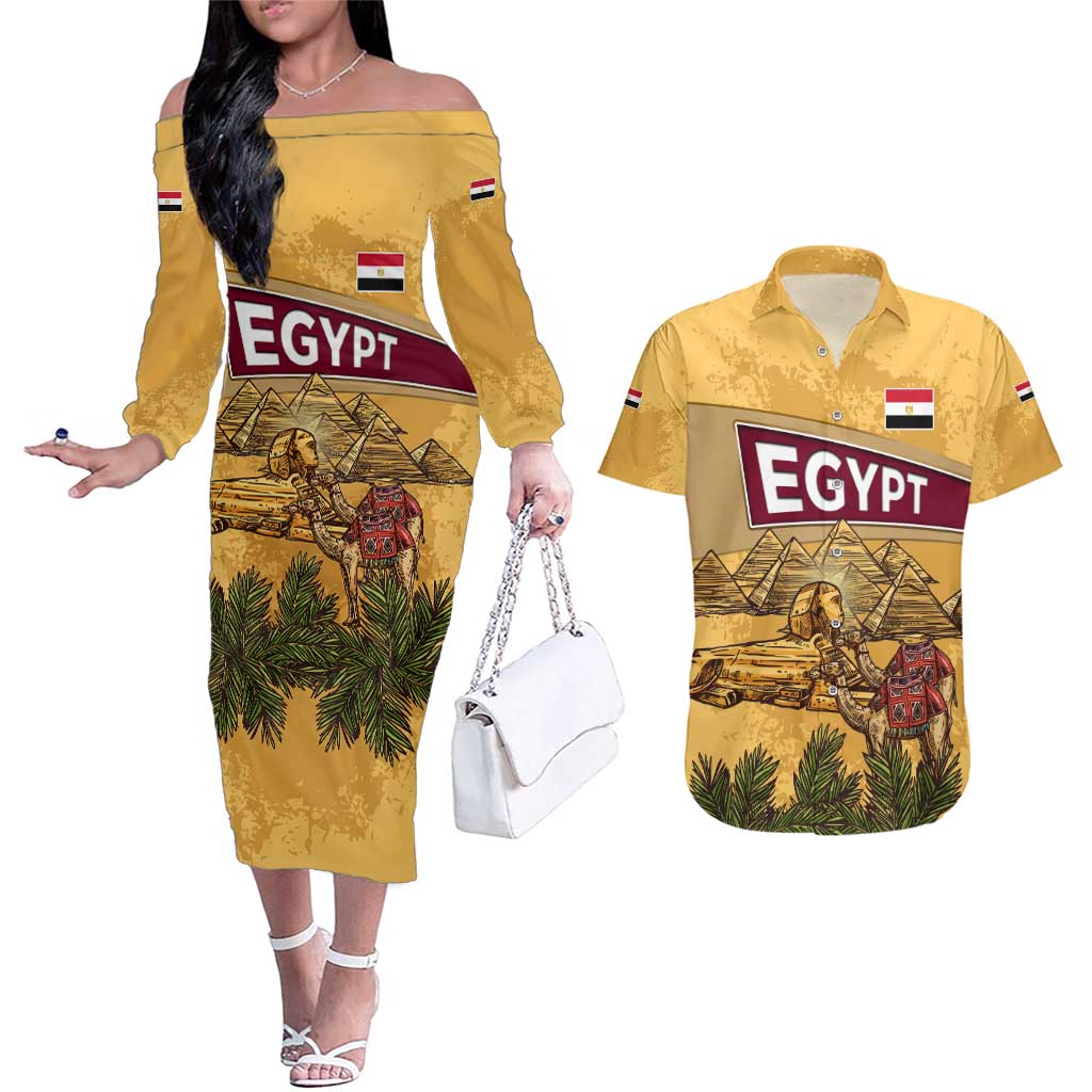 Egyptian Pyramids and Anubis Couples Matching Off The Shoulder Long Sleeve Dress and Hawaiian Shirt with Camel Caravan Desert