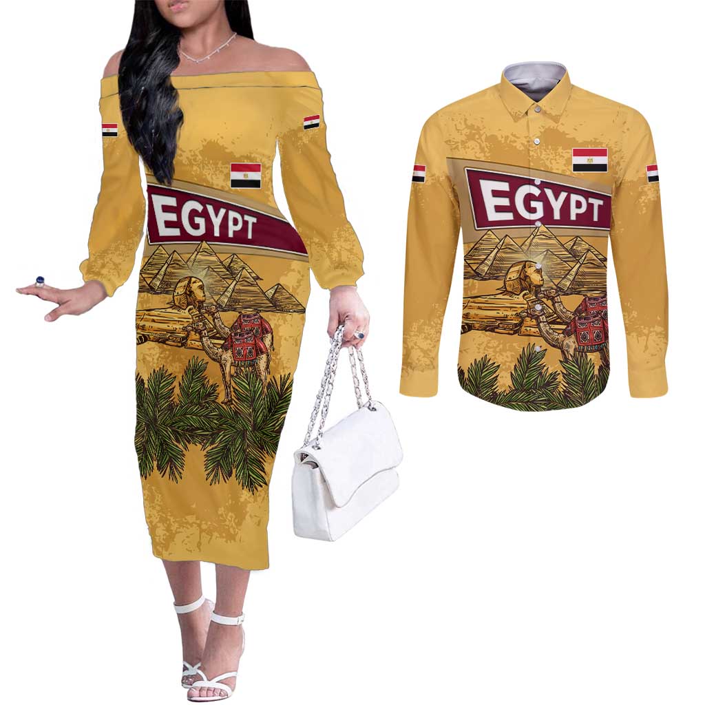 Egyptian Pyramids and Anubis Couples Matching Off The Shoulder Long Sleeve Dress and Long Sleeve Button Shirt with Camel Caravan Desert