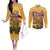 Egyptian Pyramids and Anubis Couples Matching Off The Shoulder Long Sleeve Dress and Long Sleeve Button Shirt with Camel Caravan Desert