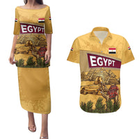 Egyptian Pyramids and Anubis Couples Matching Puletasi and Hawaiian Shirt with Camel Caravan Desert