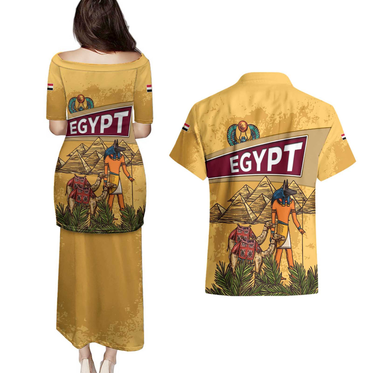 Egyptian Pyramids and Anubis Couples Matching Puletasi and Hawaiian Shirt with Camel Caravan Desert