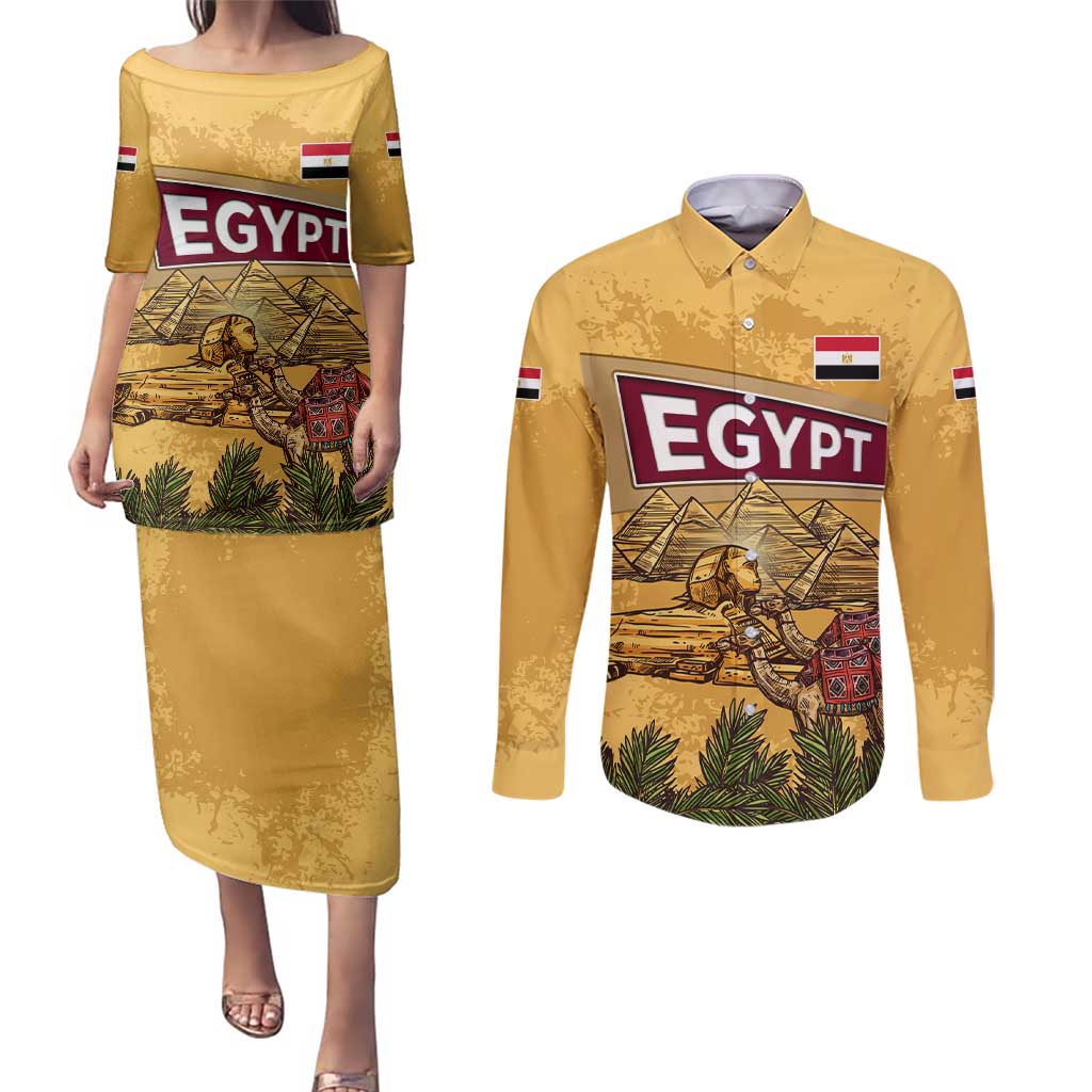 Egyptian Pyramids and Anubis Couples Matching Puletasi and Long Sleeve Button Shirt with Camel Caravan Desert