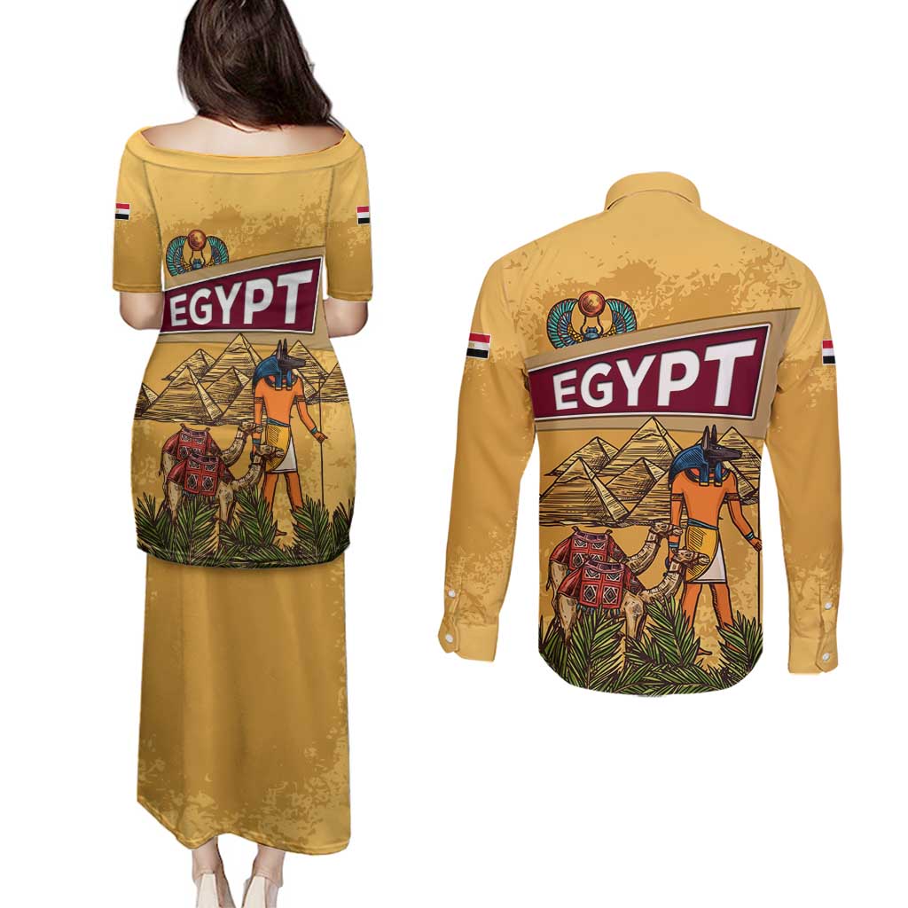 Egyptian Pyramids and Anubis Couples Matching Puletasi and Long Sleeve Button Shirt with Camel Caravan Desert