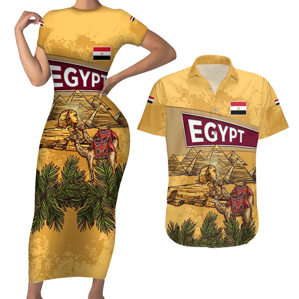 Egyptian Pyramids and Anubis Couples Matching Short Sleeve Bodycon Dress and Hawaiian Shirt with Camel Caravan Desert