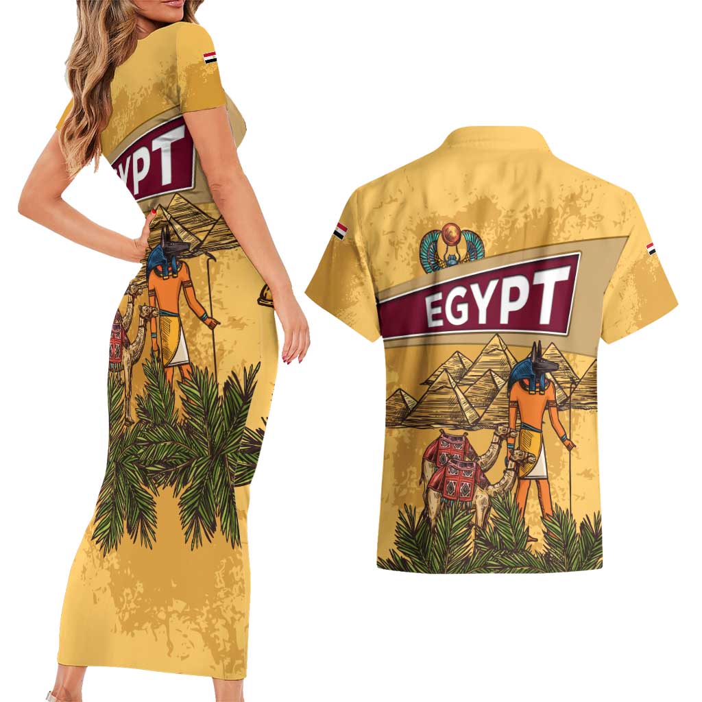 Egyptian Pyramids and Anubis Couples Matching Short Sleeve Bodycon Dress and Hawaiian Shirt with Camel Caravan Desert