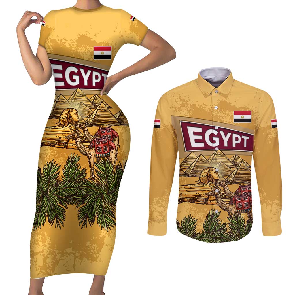 Egyptian Pyramids and Anubis Couples Matching Short Sleeve Bodycon Dress and Long Sleeve Button Shirt with Camel Caravan Desert
