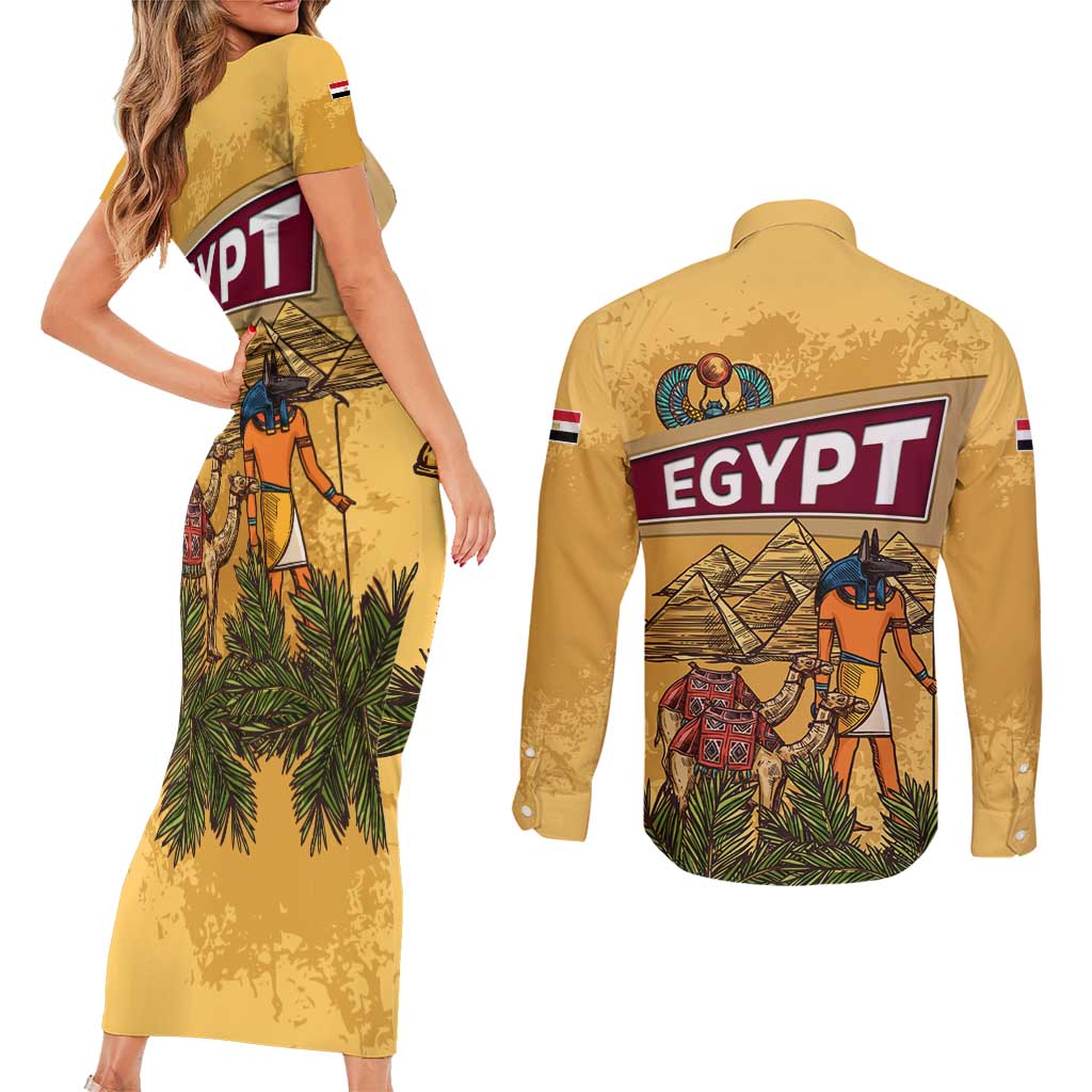 Egyptian Pyramids and Anubis Couples Matching Short Sleeve Bodycon Dress and Long Sleeve Button Shirt with Camel Caravan Desert