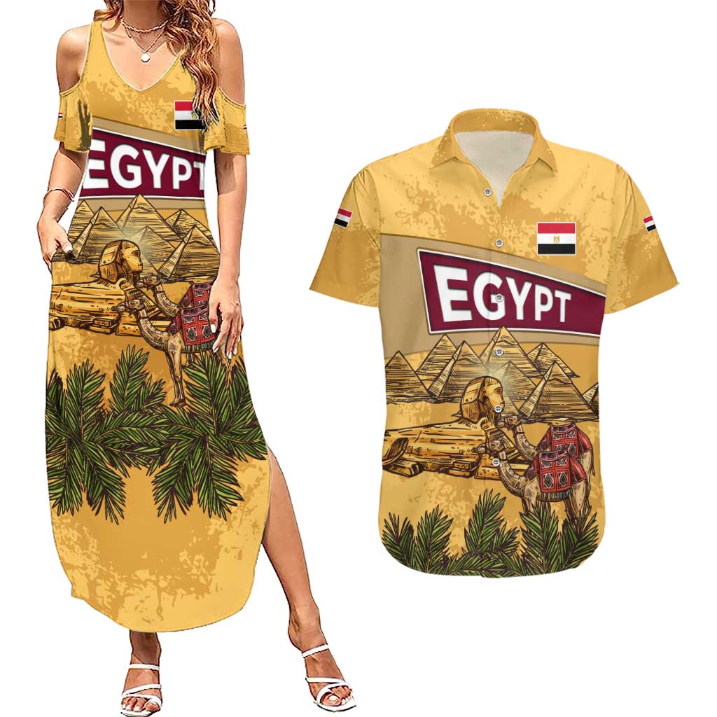 Egyptian Pyramids and Anubis Couples Matching Summer Maxi Dress and Hawaiian Shirt with Camel Caravan Desert