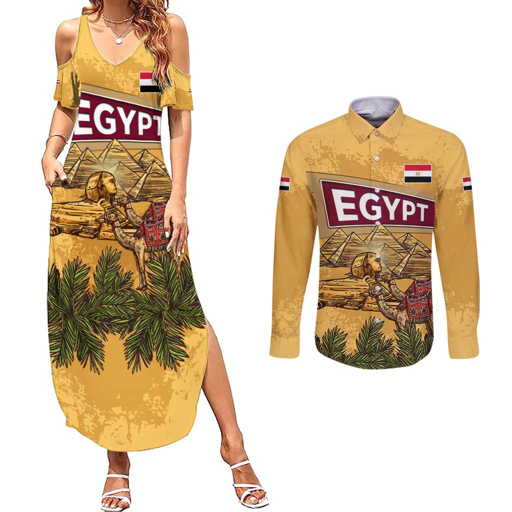 Egyptian Pyramids and Anubis Couples Matching Summer Maxi Dress and Long Sleeve Button Shirt with Camel Caravan Desert