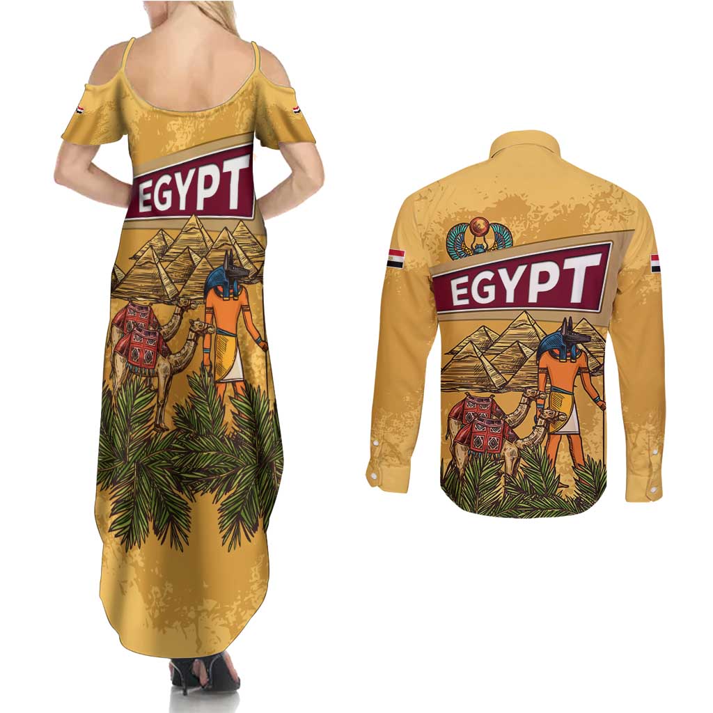 Egyptian Pyramids and Anubis Couples Matching Summer Maxi Dress and Long Sleeve Button Shirt with Camel Caravan Desert
