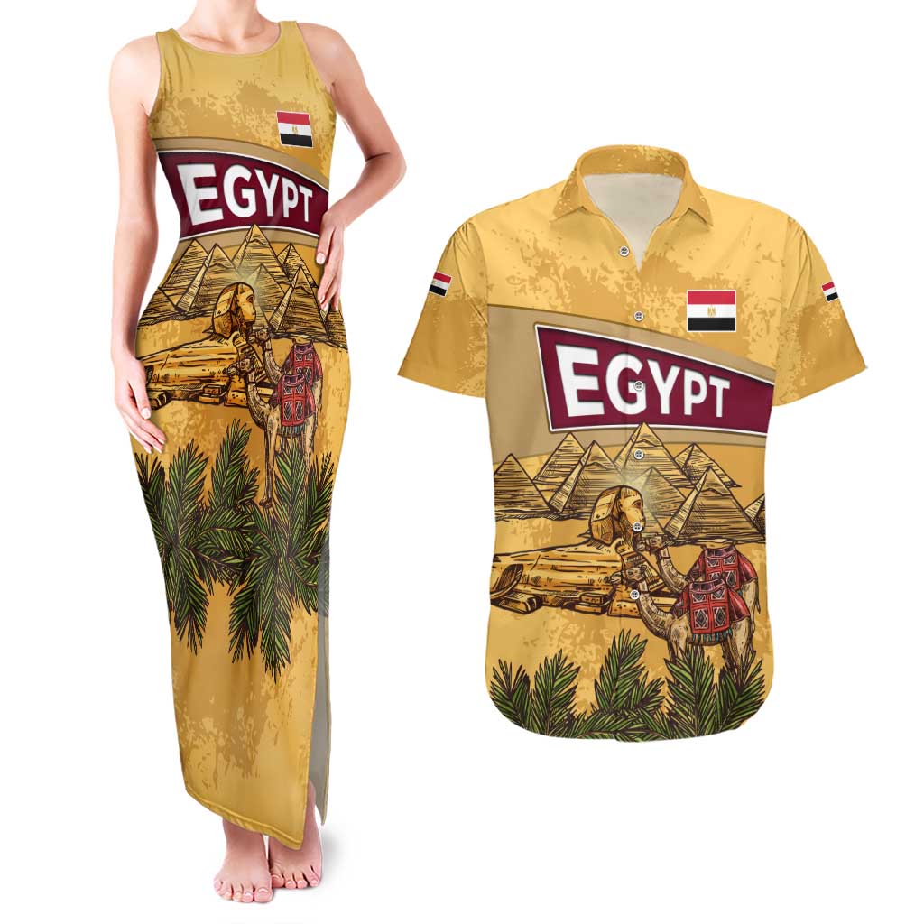 Egyptian Pyramids and Anubis Couples Matching Tank Maxi Dress and Hawaiian Shirt with Camel Caravan Desert