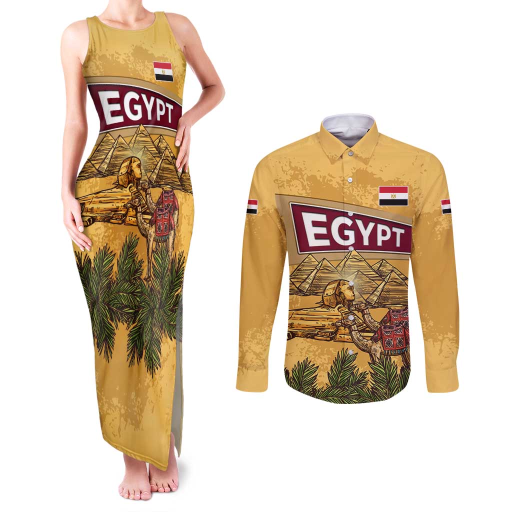 Egyptian Pyramids and Anubis Couples Matching Tank Maxi Dress and Long Sleeve Button Shirt with Camel Caravan Desert