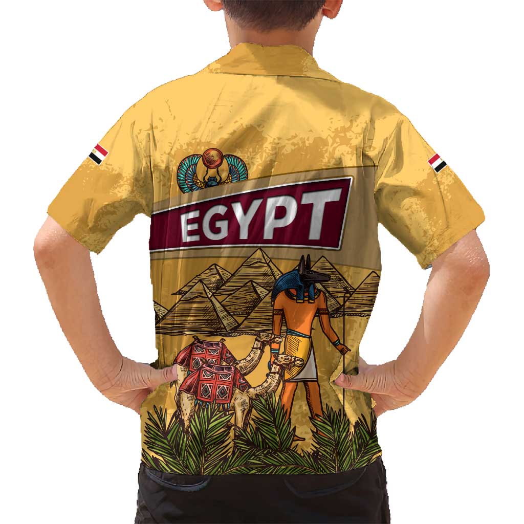 Egyptian Pyramids and Anubis Family Matching Long Sleeve Bodycon Dress and Hawaiian Shirt with Camel Caravan Desert