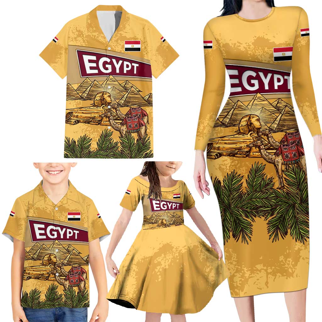 Egyptian Pyramids and Anubis Family Matching Long Sleeve Bodycon Dress and Hawaiian Shirt with Camel Caravan Desert