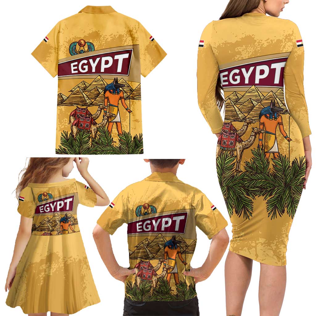 Egyptian Pyramids and Anubis Family Matching Long Sleeve Bodycon Dress and Hawaiian Shirt with Camel Caravan Desert