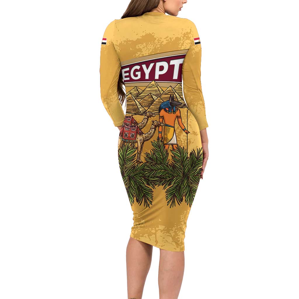 Egyptian Pyramids and Anubis Family Matching Long Sleeve Bodycon Dress and Hawaiian Shirt with Camel Caravan Desert